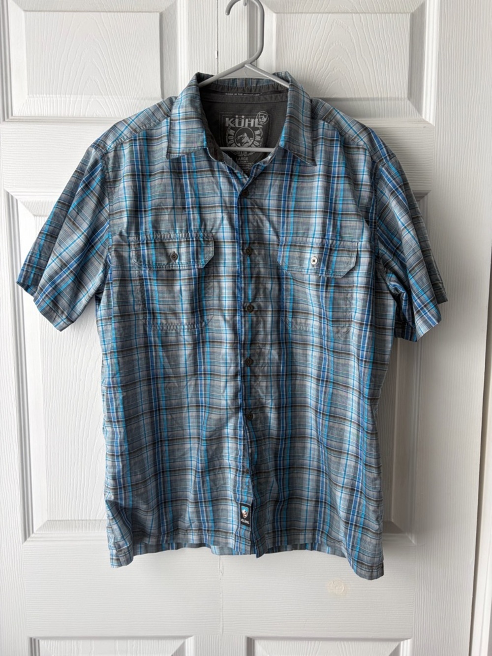Kuhl Men’s Eluxur Short Sleeve Button Down Shirt Turquoise/Gray Plaid Size Large